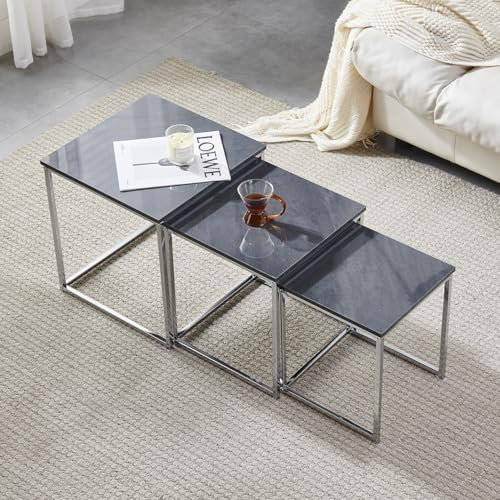 Hochglanz-graue Satztische, 3er-Set, Holz, Beistelltisch, Couchtisch mit quadratischer Tischplatte und Metallrahmen, platzsparende Möbel für Wohnzimmer, Schlafzimmer, Büro
