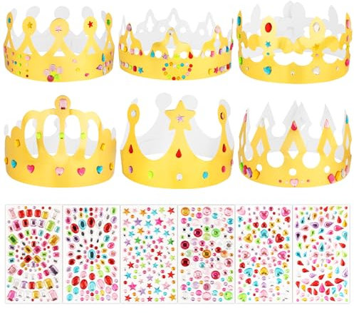 BOOMTOP 12pz Corona di Carta per Feste Corone Dorate di Carta per Bambini con 6 Fogli Strass Diamanti Adesivi Corona di Carta per Decorazione Celebrazione Compleanno Foto Befana Feste