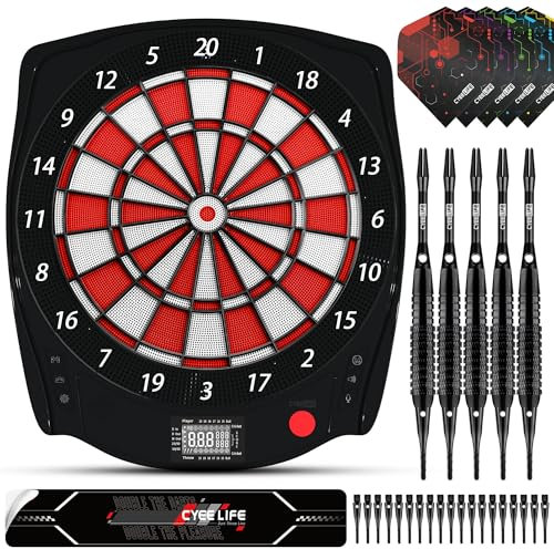 CyeeLife Elektronische Dartscheibe - Dartboard mit 12 Darts und Zubehör Set,34 Spiele 350 Varianten für1 bis 8 Spieler, 8 Soundstufen, Mehrsprachig - Keine Datenleitung enthalten！