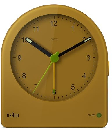 Braun Klassischer analoger Wecker mit Schlummerfunktion und kontinuierlicher Hintergrundbeleuchtung,leisem Quarzwerk, anschwellendem Alarm-Piepton in Gelb, Modell BC22Y