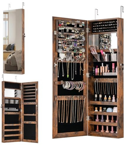 HOMFME Armoire a Bijoux 110 CM avec Miroir Psyché et Miroir Intérieur, Rangement Bijoux avec Grand Espace, Serrure de Sécurité et Doulure Douce, 2 Modes d’Installation, Idéal pour Vestiaire (Brun)