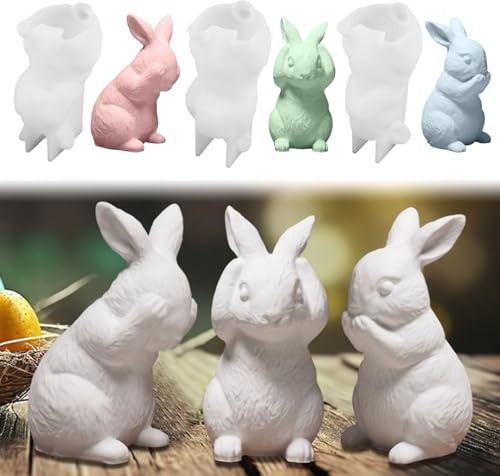 3 Stück Silikonform Osterhase, 3D Hase Silikonformen Gießformen Ostern, Silikonformen Ostern Kaninchen Gipsformen zum Gießen, Kerzen Formen Silikon Frühling Gießformen Silikon Ostern für Handwerk