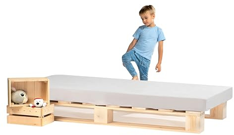 Lermowood Palettenbett M1 aus Holz 90 x 200 cm Natur mit Lattenrost Holzbett 20cm Stabiles Seniorenbett Kinderbett Jugendbett Gästebett erhöhtes Einzelbett Bettgestell Futonbett Komforthöhe Naturholz