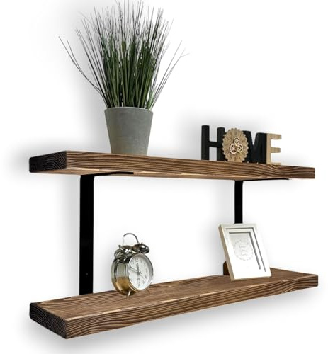 Double Rustic Wooden Shelves with Black Metal Brackets – Wall-Mounted Solid Timber Shelving for Home (Walnut, 40cm)