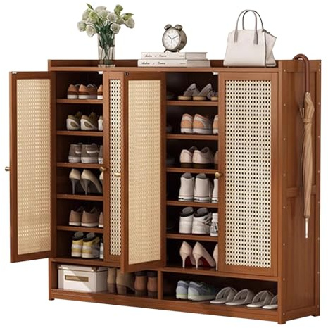 Zapatero de ratán para entrada, estante de almacenamiento con puertas y almacenamiento abierto, organizador de zapatos para pasillo, sala de estar, armario