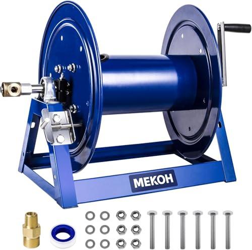MEKOH Pressure Washer Hose Reel 3/8x350ft, 5000PSI Hand Crank Power Washer Hose Reel for 1/4x455ft, Heavy Duty Steel Hose Reel with Trailer/Wall/Van Mount, A-Frame Manual Reel for Water,M22 Fitting