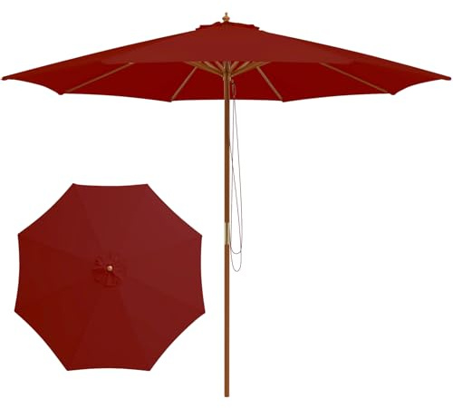 RELAX4LIFE Parasol Droit 3M en Bois, Parasol de Jardin Extérieur, 8 Baleines en Bambou, Levage à Poulie, Polyester Hydrofuge, Protection Solaire, Facile à Monter pour Balcon Terrasse (Bordeaux)