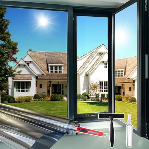 Window Privacy Film See Out Not in, One Way Privacy Window Film, Removable Window Tint for Home, Reflective Static Cling Window Film Heat Blocking, Natural Silver, 17.5 X 78.7 inch