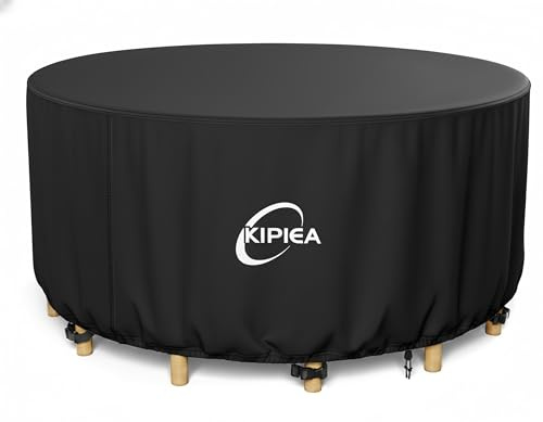 Kipiea Housse Table de Jardin Ronde Imperméable, Housse Protection Table Jardin Coupe-Vent, 420D Oxford Tissu Extérieure Bâche pour Meubles de Terrasse Ronde, Anti-UV, Sans Déchirure - 280x90cm