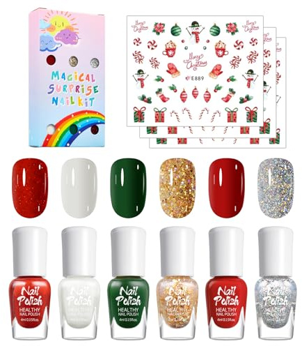 Christmas Nail Polish Set, 6Pcs Quick Dry Nail Varnish With 3Pcs Nail Stickers, Water-Based Peel Off Glitter Nail Polish In Red Green Yellow White Silver, No Baking Required High Gloss Manicure DIY