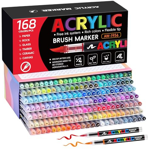 Tongfushop 168 Farben Acrylstifte Set, Acrylmarker mit Pinselspitze, Automatischer Tintenkontrolle – Deckend, Ungiftig für Stein, Keramik, Holz, Leinwand – Kreativset für Hobbykünstler & Semi-Profis