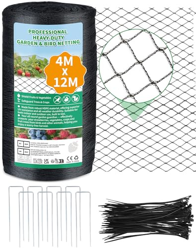 Garden Netting 4m x 12m, 30g/m² Heavy Duty HDPE Woven Mesh, 1.2x1.2cm Anti Bird Netting, UV Resistant Plant Net Reusable Net for Vegetable Beds, Fruit Trees, Pond, Includes Cable Ties & Ground Pegs