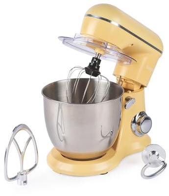 Salter British Bakes Stand Mixer – 5L Food Mixer for Baking, 1300W, 10 Speeds, Easy Control Dial, Removeable Splash Guard, Yellow Electric Kitchen Appliance with Whisk, Dough Hook and Beater