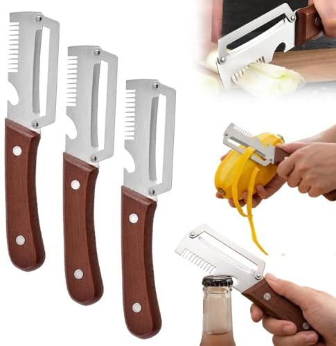 Éplucheur 3-en-1 avec Manche en Bois – Ustensile Multifonction en Acier Inoxydable, Coupe-Légumes Julienne et Décapsuleur, Économe Ergonomique pour Pommes de Terre, Carottes, Pommes, Kiwis (3 PCS)