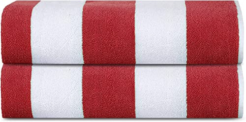 Sweet Needle Strandtücher – Cabana Striped Classic, 100% Baumwoll-Frottee, ringgesponnenes Pooltuch, schnell trocknend, 450 g/m², 2 Stück, für Erwachsene (Cabana – Rot, 76 x 152 cm)
