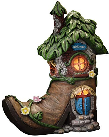 TERESA'S COLLECTIONS Gartendeko für Draußen,21cm Feenhaus Gartenfigur Solar LED Gartenbeleuchtung Feengarten Elfenhaus aus Kunstharz Solarleuchte Gartendeko für Balkon