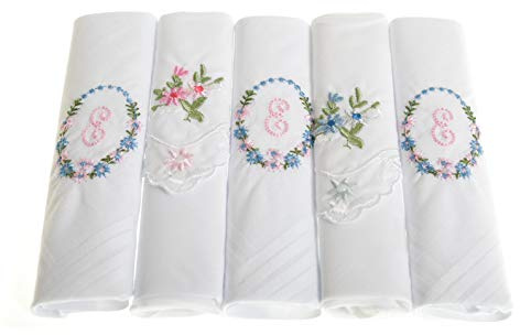 Damen-Taschentücher mit Initialen, bestickt, mit Satin-Bordüre und passenden floralen Handtaschen, verschiedene Buchstaben, 5 Stück Gr. 5 Packung, Buchstabe E