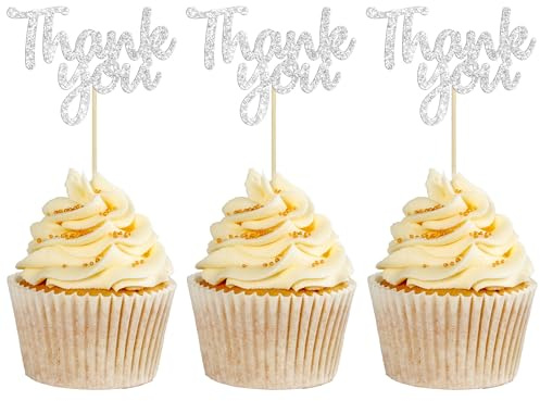 Gyufise 36 Pack Thank You Cupcake Toppers Silver Glitter Thanksgiving Cupcake Picks Decorations for Baby Shower Boys Girls Birthday Party Supplies …