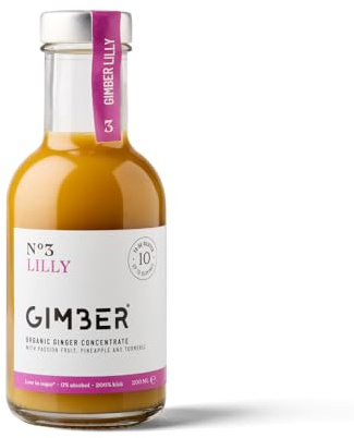 Gimber BIO Ingwerkonzentrat, 100% natürlich & vegan mit Passionsfrucht | N°3 200 ml Lilly | Biologisches Ingwerkonzentrat, alkoholfreie Ingweressenz mit Passionsfrucht, Ananas & Kurkuma, vegan