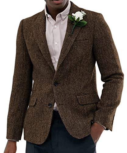 Solovedress Blazer classique en tweed pour homme, coupe régulière, en laine, pour fête de mariage, marron, L