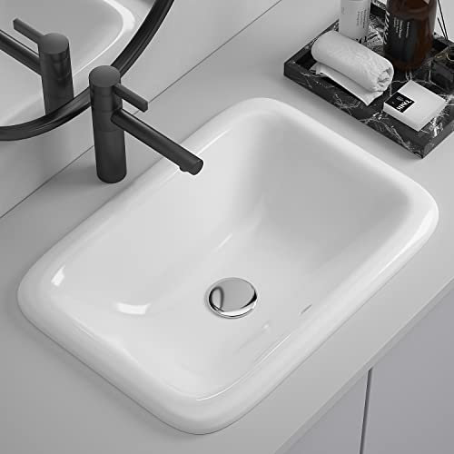 Enbol 22 x 15 Drop in Bathroom Sink White Rectangle Ceramic Sink Semi Recessed Vessel Sink Bathroom with Overflow O2215