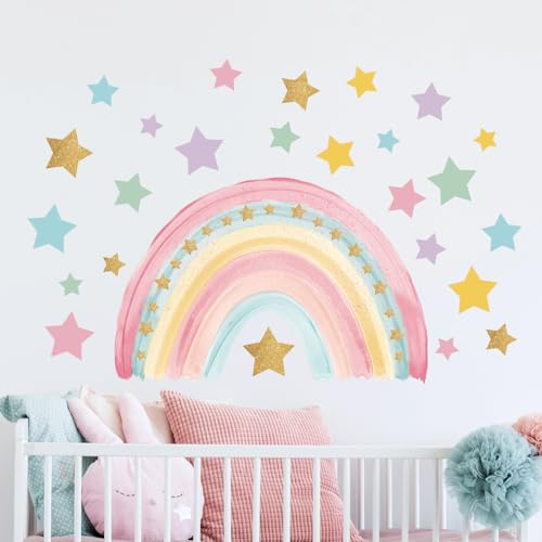 Tanlaby Große Regenbogen Wandtattoo Boho Regenbogen Wandsticker Farbenfrohe | Stern Wandaufkleber für Kinder Mädchen Babyzimmer Wohnzimmer Schlafzimmer Kinderzimmer