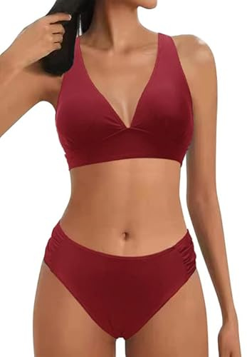 Maillot de Bain Femme Deux Pièces Push Up V-Cou Swimwear Haut Triangle Bikini Réglable Taille Mid Waisted Bikini 2 Pieces Rembourré Maillot de Bain(Rouge Vin,S)