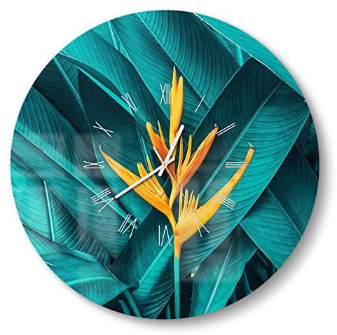 DEQORI Glasuhr | rund Ø 50 cm | Motiv Exotische Tropenblüte | große XXL Design Uhr aus Glas | leise Wanduhr für Wohnzimmer & Küche | Moderne Hingucker Uhr für die Wand