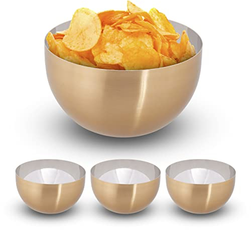 Relaxdays 4X Saladiers Ronds, Design Moderne, Acier Inoxydable, Salade, Bol mélangeur Cuisine, H x D : 8,5 x 15 cm, doré/argenté