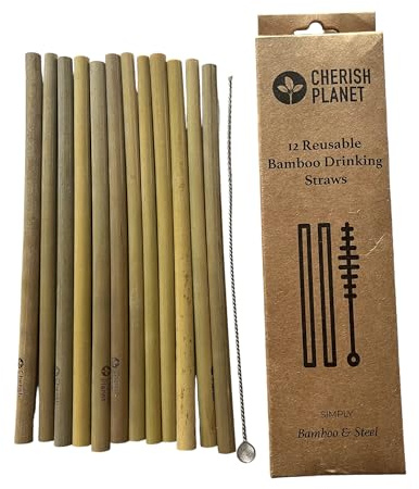 Cherish Planet Large Organic Bamboo Reusable Straws (Set of 12) | 12mm Wide Boba Straws for Smoothies, Shakes & Bubble Tea | Eco-Friendly, Biodegradable, Sustainable & Durable with Cleaning Brush