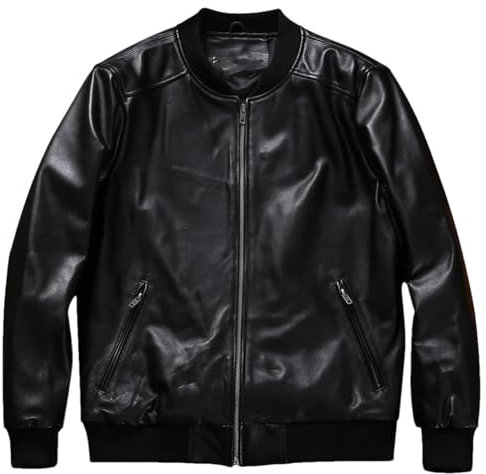 Männer Klassische Lässige Weiche Natürliche Leder Jacke Echtes Schaffell Baseball Mantel Zip Up Moto Jacke, Schwarz , XL