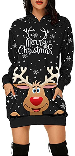 Julklänning för kvinnor, långärmad tröjklänningar, god jul huvtröja, klänning, höst, vinter, rund hals, tröjklänning, rentryck, huvtröja, klänning, lång jultröja, jultröja, G – brun, S