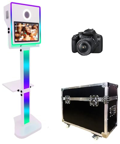 WideMeet Weißer tragbarer Kamera-Spiegel-Fotoautomaten mit 15,6-Zoll-Touchscreen, Selfie-Photobooth-Maschine, DSLR-Kabine, für Hochzeitsfeier, Veranstaltung