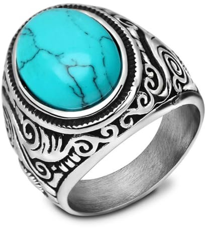 Hokech Mode riesiger blauer Onyx-Stein Retro-Schmuck Titanstahl Ring Mannsring Schmuck