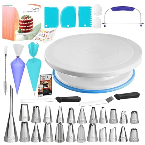 Cake Decorating Supplies Kit, 64 Cake Decorating Tools, Cake Decorating Kit Set with Cake Turntable, Piping Tips with Pattern Chart, Cake Baking Supplies, Complete Baking Supplies Set for Baking