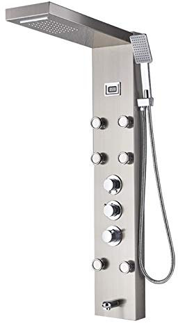 DRFGNF Black/Brushed Nickel Thermostatic Mixer Shower Panel Rainfall Waterfall Massage Jets Shower Column Shower Faucet Shower Set,Brushed Nickle (Brushed Nickle)