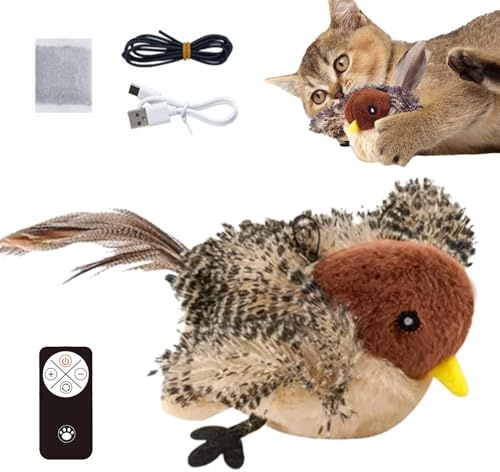 para Gatos en Movimiento, pájaro Recargable por USB con 3 Niveles Ajustables, Interactivo de Hierba gatera con Control Remoto, pájaro aleteo eléctrico para Jugar