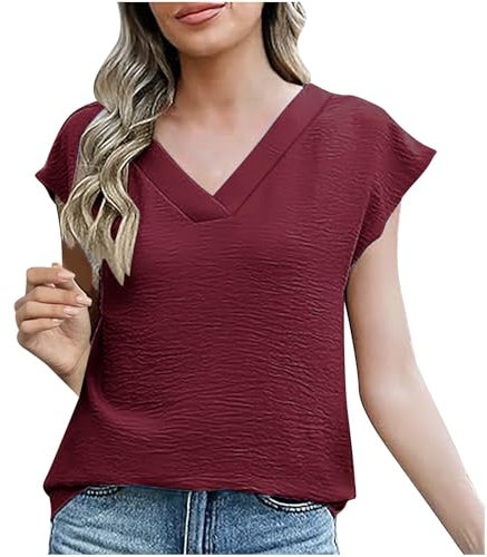 Damen Tshirt Casual Fashion, Sale Angebote Sommer Kurzärmliges T-Shirt Mit V-Ausschnitt, Günstig Oberteile Elegant Schick, Bluse Leicht Und Luftig, Shirt Top Weich Bequem