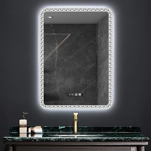 SAJMN An der Wand montierter LED-Lichtspiegel fürs Badezimmer, Acrylrahmen, dreifarbiger dimmbarer LED-Wandspiegel, moderner intelligenter Schminkspiegel mit Antibeschlagfolie, hintergrundbeleucht