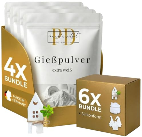 PD Gießpulver Set, 4x 500g Starterset inkl. 6 Silikonformen, Anleitung deutsch, Sauberes Arbeiten, Geruchlos, Ungiftig Hochweiß & Detailgenau, gipspulver zum gießen
