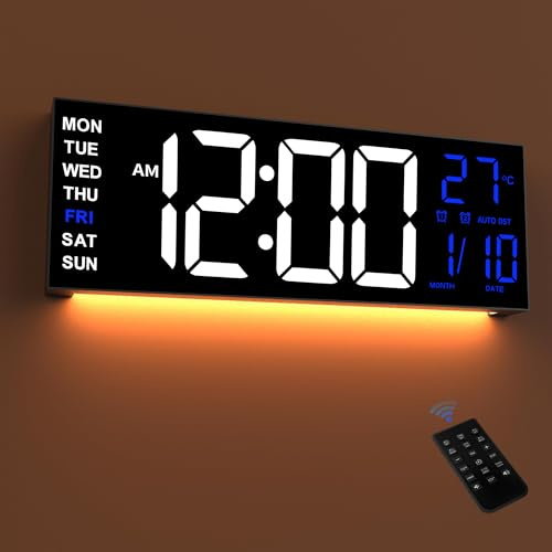 Mee 2ou Digital Wanduhr 16,5 Große LED Mit Nachtlicht, Automatischer Dimmfunktion, 2 Weckern, 8 RGB-Farben, Temperaturanzeige, Fernbedienung,Wanduhr für Wohnzimmer, Schlafzimmer, Büro