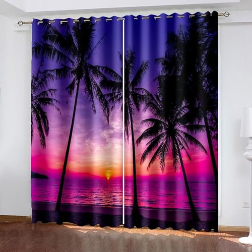 Mesnt Rideau Thermique Occultant, Paysage de Palmiers sur la Plage au Coucher du Soleil Rideaux Thermique pour Chambre à Coucher Salon, Violet Rouge, 86x115cm