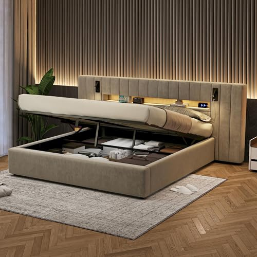 Wyibwy letto imbottito 180 x 200 cm,letto contenitore matrimoniale con connessione USB e illuminazione LED, con lampada da comodino e vano contenitore, tessuto in velluto, senza materasso,grigio