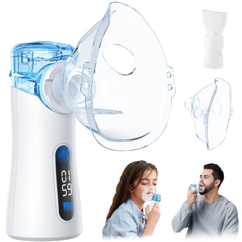 Aerosol Portatile Silenzioso Adulti e Bambini - Aerosol Ultrasuoni che Efficace per Alleviare la Respirazione, 2 Maschere E Boccaglio, Schermo LCD, USB-C Ricaricabile, Velocità Regolabile
