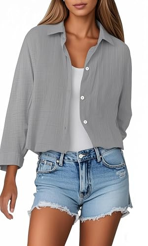 Musselin Bluse Damen,musselin Damen,Elegantes Leichtes Locker Tailliertes Lässiges Einfarbiges Oberteil (DE/NL/SE/PL, Alphanumerisch, L, Regular, Regular, Grau)