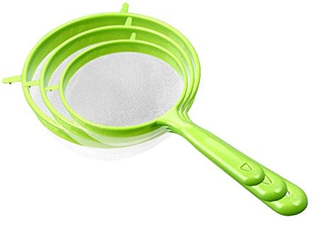 3 colini a rete fine, setaccio in plastica, riutilizzabili, con manico lungo, per setacciare succhi, spezie, farina, riso, farina, utensili da cucina
