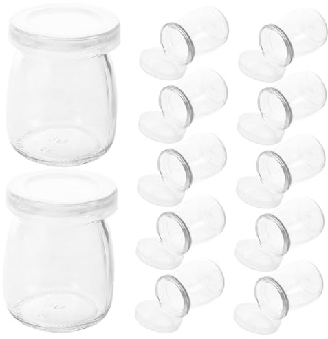 KOMBIUDA Lot de 12 Pots à Yaourt en Verre 100 Ml avec Bouchon, Verre Résistant, pour Yaourtière et Préparation de Pudding, Bocaux Alimentaires Cuisine et Conservation, Usage Maison et Événements