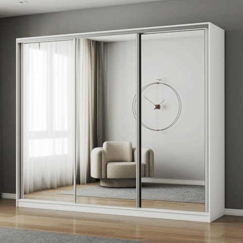 AOF-DUBAI Sliding Door Mirror Wardrobe – Modern Bedroom Closet with Rails & Shelves, Optional LED Light – White, Black, Grey, or Oak – 100cm to 250cm Width Options (White, 250cm)