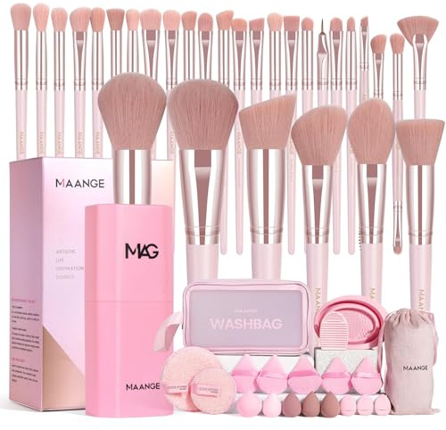 MAANGE Makeup Brush Set 51 PCS Professional Makeup Brushes for Foundation Powder Concealers Eye shadows Blending Blush Travel Make up Brush Kit (Pink)