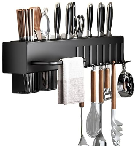 RETSAMV Portacoltelli Da Parete Senza Fori, Scaffale Cucina Multifunzione Con Ganci, Porta Utensili Cucina Con Portabacchette - Ripiano Organizzatore Per Cucina E Casa (Black-50cm)